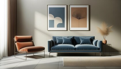 Photo of a modern living room interior showcasing a deep blue sofa and a terra cotta lounge chair, both placed against a neutral-colored wall