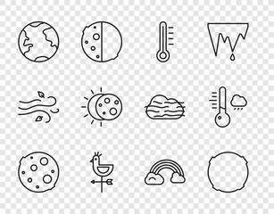 Set line Moon, Meteorology thermometer, Rooster weather vane, Earth globe, Eclipse of sun, Rainbow with clouds and icon. Vector - obrazy, fototapety, plakaty