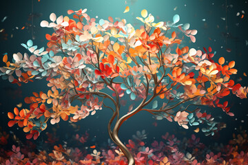 Fototapeta na wymiar Colorful tree with leaves on hanging branches illustration background. 3d abstraction wallpaper . Floral tree with multicolor leaves 