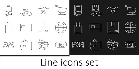 Fototapeta premium Set line Price tag with text Free, Worldwide, Consumer customer product rating, Credit card, Paper shopping bag, Certificate template, Cardboard box traffic symbol and Delivery hand boxes icon. Vector