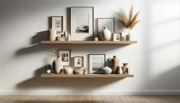 Photo of a modern living room interior showcasing a wooden floating shelf affixed to a pristine white wall