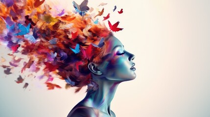 An image of a woman with a multi-colored cloud instead of hair. Creative thinking, creative ideas, brainstorming.