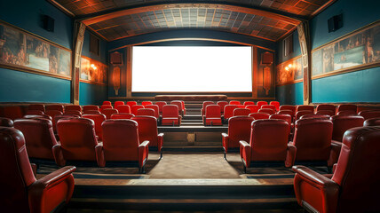 Luxury cinema with blank screen and red seats