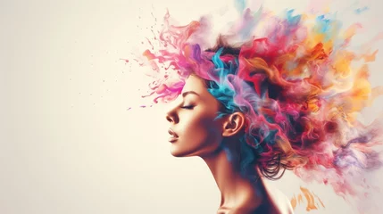 Fotobehang An image of a woman with a multi-colored cloud instead of hair. Creative thinking, creative ideas, brainstorming. © Restyler