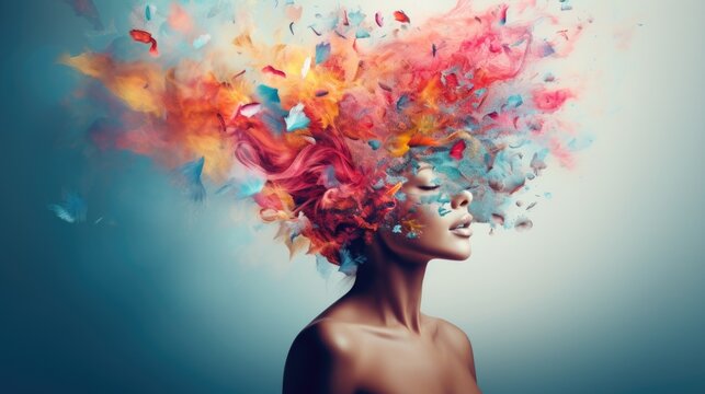 An image of a woman with a multi-colored cloud instead of hair. Creative thinking, creative ideas, brainstorming.