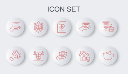 Set line Piggy bank, House insurance, Health, with shield, Delivery, Shield dollar, Calendar and Hand holding briefcase icon. Vector