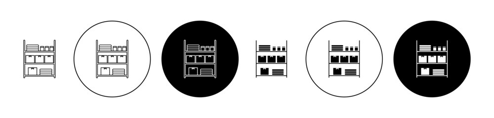 Shelves Storage icon set in black. warehouse shelf vector sign. supermarket inventory rack symbol. home wooden shelves icon for Ui designs. - obrazy, fototapety, plakaty
