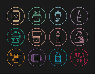 Set line Pack of beer bottles, Happy man with, Beer brewing process, belly, Wooden barrel on rack, can, Plastic and ice bucket icon. Vector