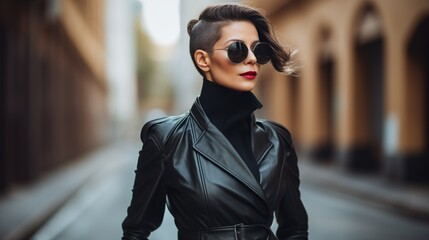 Obraz premium A young attractive woman demonstrates fashionable clothes on a city street. Dynamic pose. Fashion, female beauty.