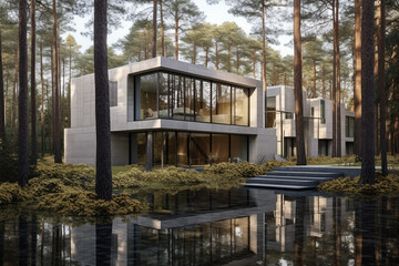 Fototapeta na wymiar Experience the serenity of a modern house embraced by nature. A contemporary retreat in the heart of a peaceful natural landscape Created with generative AI tools.