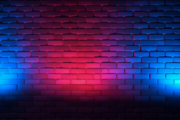 Neon light on brick walls that are not plastered background and texture. Lighting effect red and blue neon background 