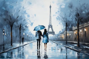 Foto op Canvas paris couple holding umbrellas in front of eiffel tower  © Designcy Studio