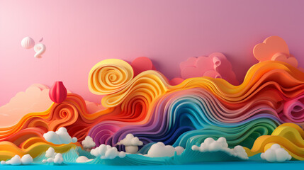 Fototapeta na wymiar Abstract art of a wavy rainbow cloud world, generated with ai