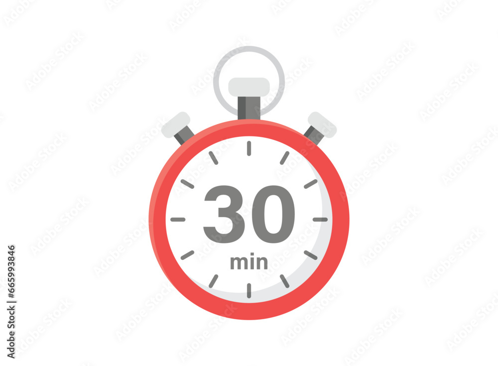 Poster 30 minutes on stopwatch icon in flat style. clock face timer vector illustration on isolated backgro
