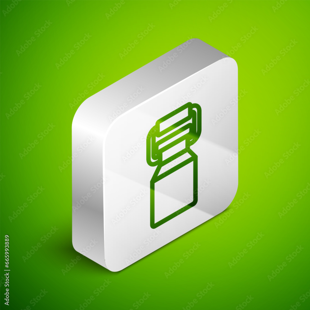 Poster isometric line can container for milk icon isolated on green background. silver square button. vecto