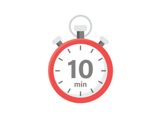 Fototapeta na wymiar 10 minutes on stopwatch icon in flat style. Clock face timer vector illustration on isolated background. Countdown sign business concept.