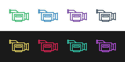 Set line Cinema camera icon isolated on black and white background. Video camera. Movie sign. Film projector. Vector