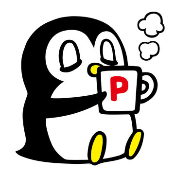 かわいいシンプルペンギン　マグカップを持って ほっと一息ポーズ