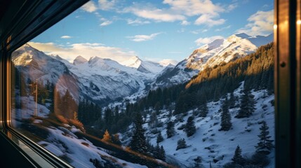 View from the train window of winter mountains and forest.