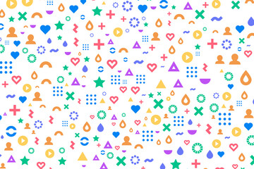Vector abstract background frame of geometric shapes. Pattern of dots, hearts, triangles, stars, particles, molecules, fragments. Poster for technology, medicine, presentations, business.