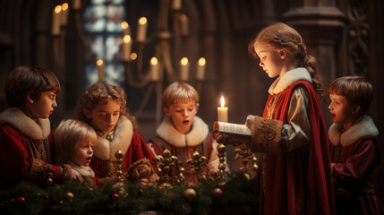Children in church at christmas time, generated with ai - obrazy, fototapety, plakaty