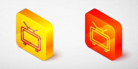 Isometric line Football soccer match on TV icon isolated on grey background. Football online concept. Yellow and orange square button. Vector