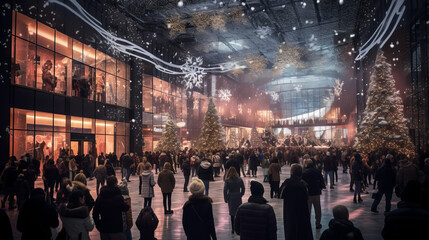 Shopping mall with christmas decoration at night, generated with ai