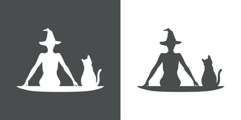 Silueta de bruja sexy desnuda con sombrero sentada con gato negro para su uso en invitaciones y tarjetas de Halloween