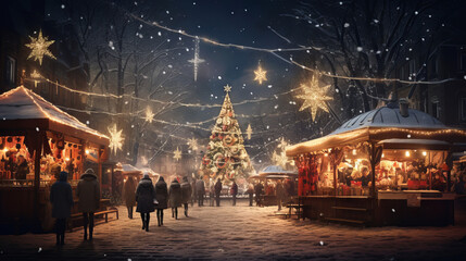 Beautiful christmas market at night with snow, generated with ai.