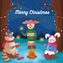 Christmas New Year card, cute cute animals, vector illustration