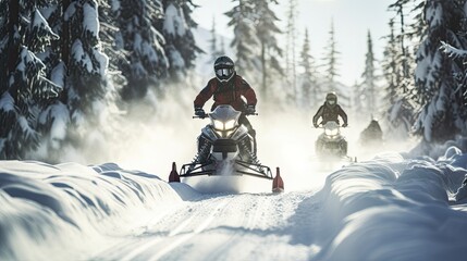 Snowmobiles rush along a snowy path. - obrazy, fototapety, plakaty