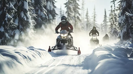 Fotobehang Snowmobiles rush along a snowy path. © Andrey