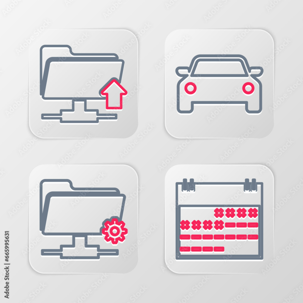 Poster set line calendar, ftp settings folder, car and upload icon. vector