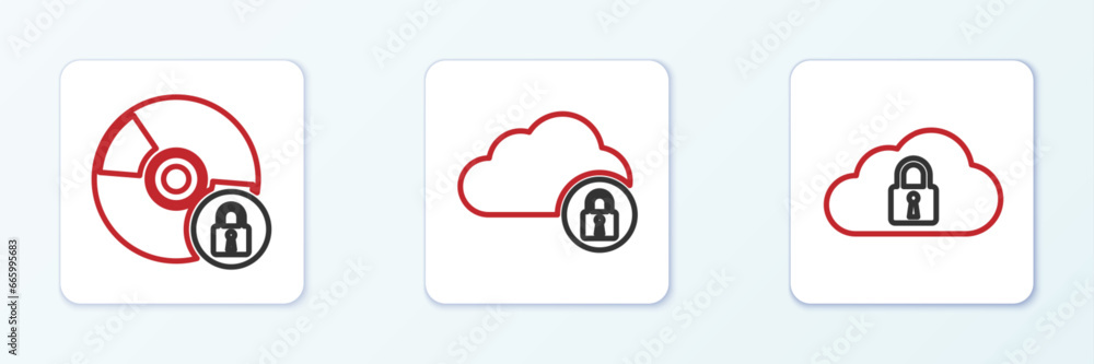 Poster set line cloud computing lock, cd or dvd disk with and icon. vector