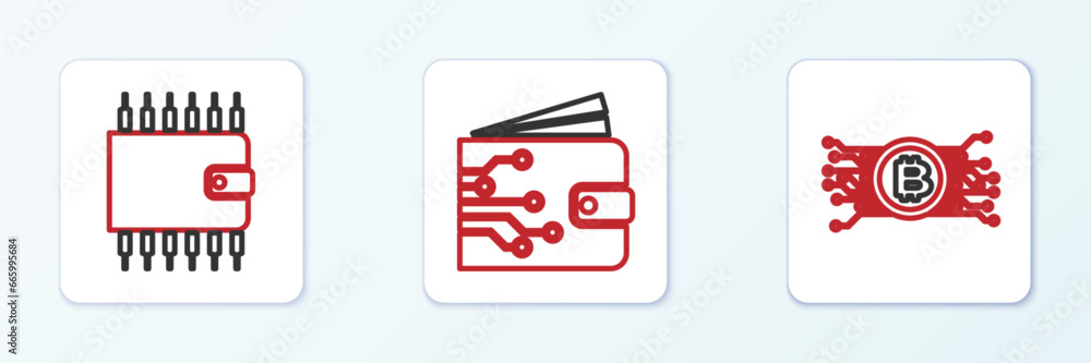 Poster set line cryptocurrency bitcoin in circuit, wallet and icon. vector