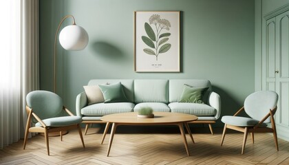 Photo of a Scandinavian mid-century modern living room featuring a light green wall