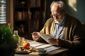 Fototapeta na wymiar an elderly man, wearing glasses, perusing a book about home remedies, with a bowl of warm chicken soup in front, epitomizing recovery from a cold