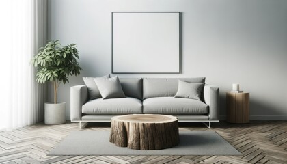 Photo of a Scandinavian, nordic living room interior design featuring a wood stump coffee table placed near a grey sofa
