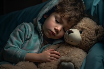 a sleeping child in pajamas, tired eyes, cuddling a teddy bear