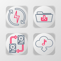 Set line Cloud download music, Data exchange with hhd, Folder and Recharging icon. Vector