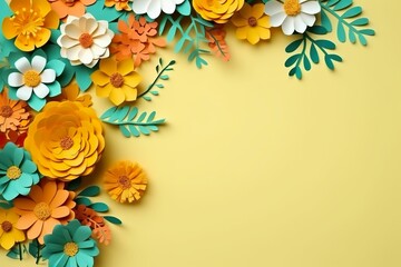 Top view of colorful paper cut flowers with green leaves on light yellow background with copy space, spring creative menu, spring background, spring wallpaper