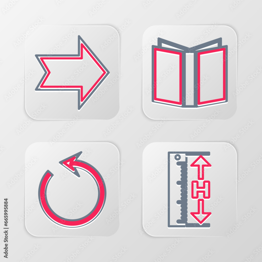 Poster set line measuring height and length, refresh, open book and arrow icon. vector