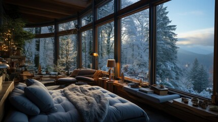 Photo of a cozy room, view from the window of the forest in winter.