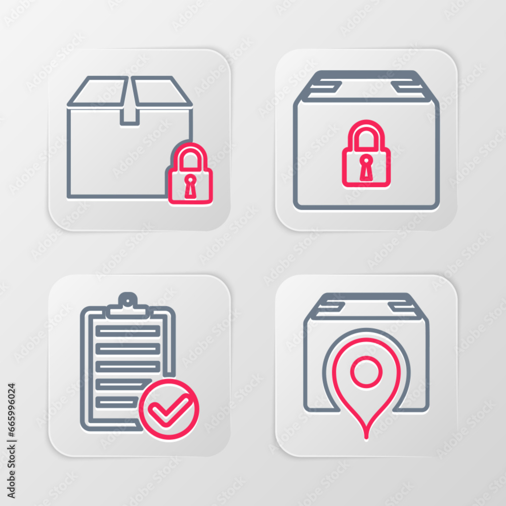 Aufkleber set line location with cardboard box, verification of delivery list, locked package and icon. vector