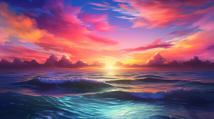 A synthwave colorful sun over the sea background