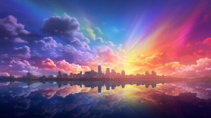 Fototapeta na wymiar A synthwave colorful sun over the sea background