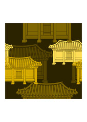 Editable Front View Traditional Hanok Korean House Building Vector Illustration as Seamless Pattern With Dark Background for Decorative Element of Oriental History and Culture Related Design