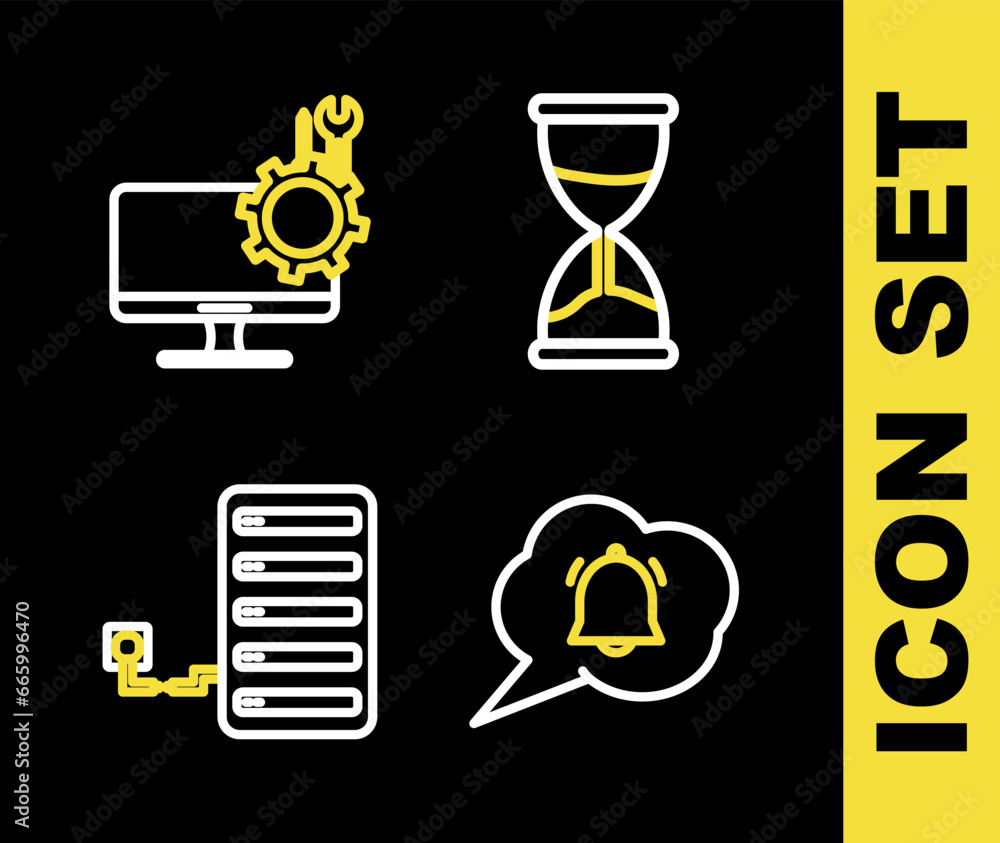 Poster set line hourglass, speech bubble chat notification, server and computer monitor service icon. vecto