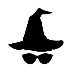 Logo con silueta de sombrero de bruja con gafas de sol para su uso en invitaciones y tarjetas de Halloween © teracreonte