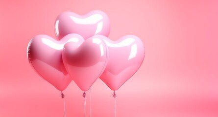 metallic pink heart shaped helium balloons on pink background. Valentine's Day or wedding party decoration. love concept. Copy space for text